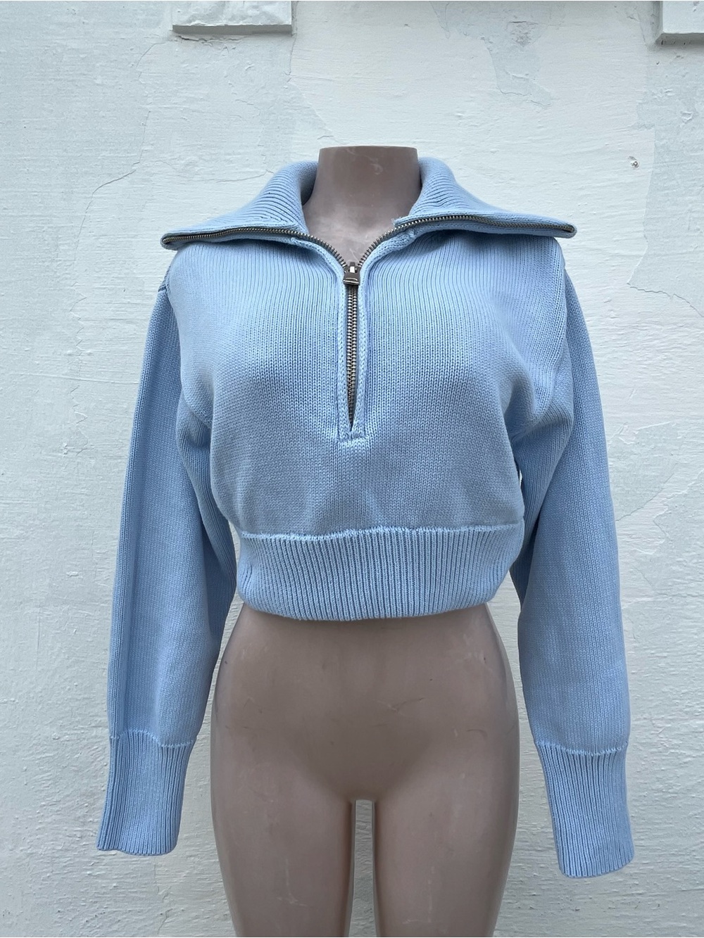 Zara Light Blue Cropped Half-Zip Turtleneck Sweater
